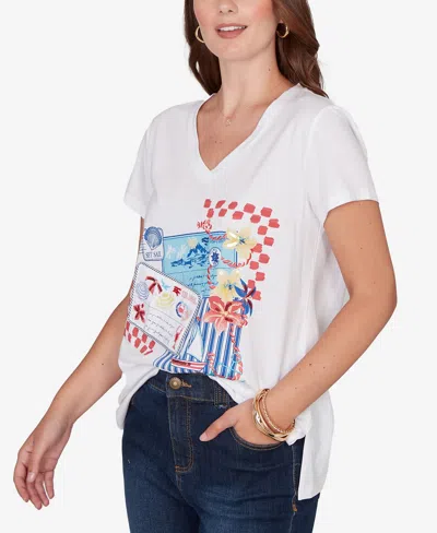 Ruby Rd. Petite Embellished Postcard Graphic T-shirt In White