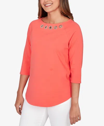 Ruby Rd. Petite Grommet Neck Solid Knit Top In Orange