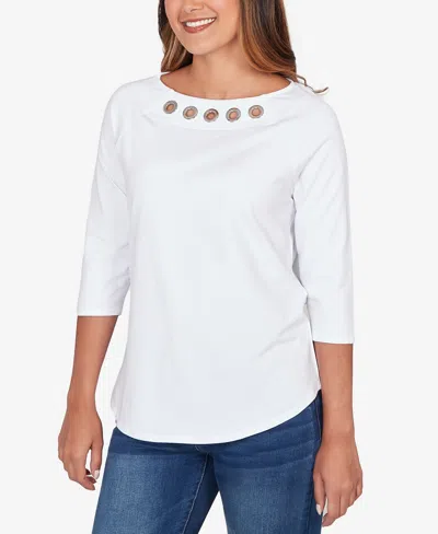 Ruby Rd. Petite Grommet Neck Solid Knit Top In White