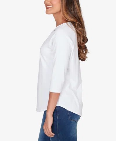 Ruby Rd. Petite Grommet Neck Solid Knit Top In White