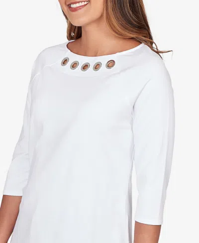 Ruby Rd. Petite Grommet Neck Solid Knit Top In White