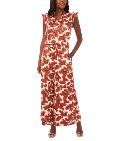 Vince Camuto Floral Flutter Sleeve Satin Top In Orange