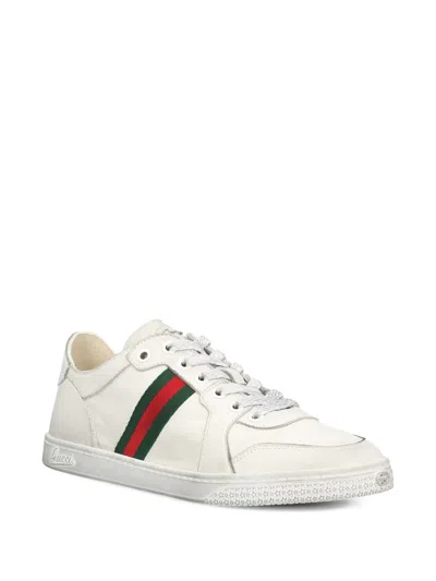Gucci Leather Stretch Lace Up Sneakers Signature Stripe In White