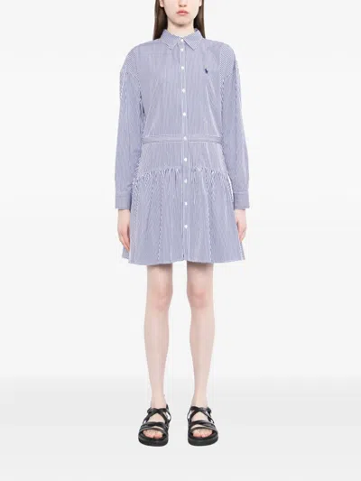 条纹荷叶边中长衬衫裙