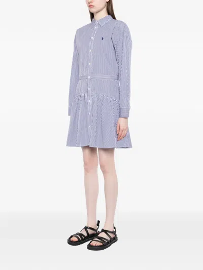 条纹荷叶边中长衬衫裙