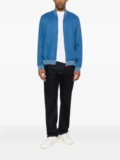 Kiton Linen Bomber Jacket In Blue