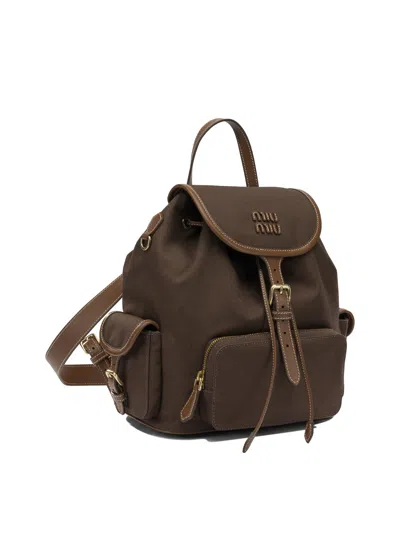 Miu Miu Logo Backpack In Brown