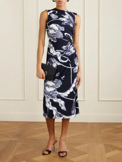 Erdem Floral-print Draped Sleeveless Midi Dress In Green