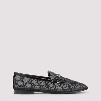 Gucci Almond Toe Mesh Loafers Embellished With Crystals In Black
