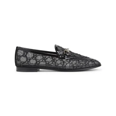 Gucci Almond Toe Mesh Loafers Embellished With Crystals In Black