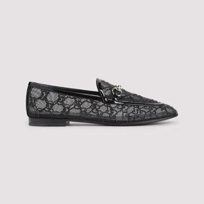 Gucci Almond Toe Mesh Loafers Embellished With Crystals In Black