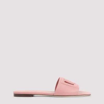 Dolce & Gabbana Women Pink Slide Sandals With Cut Out Logo In Leather Woman