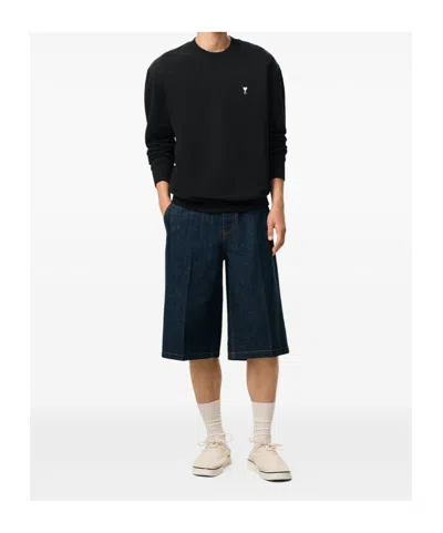 Ami Alexandre Mattiussi Ami Paris Embroidered Crew Neck Sweater With Ribbed Trims In Black