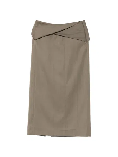 Victoria Beckham Belted Wool-blend Twill Midi Skirt In Brown
