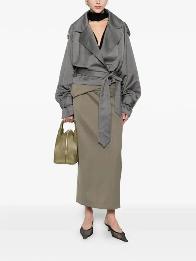 Victoria Beckham Belted Wool-blend Twill Midi Skirt In Brown
