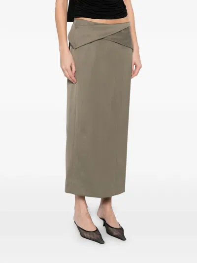 Victoria Beckham Belted Wool-blend Twill Midi Skirt In Brown