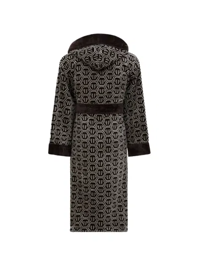 Philipp Plein Hooded Geometric-pattern Bath Robe In Black