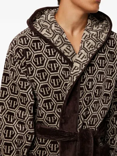 Philipp Plein Hooded Geometric-pattern Bath Robe In Black