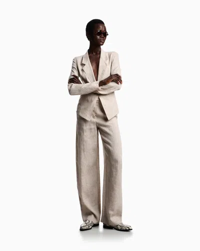 Emporio Armani Linen Trousers High Waist Wide Leg Textured In Neutral