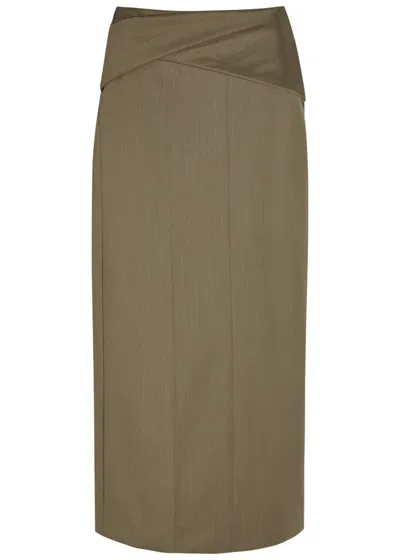 Victoria Beckham Belted Wool-blend Twill Midi Skirt In Brown