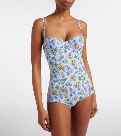 Dolce & Gabbana Small Floral-print Balconette One-piece Swimsuit In Blue