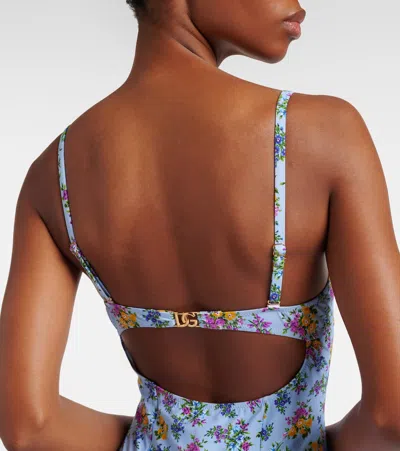 Dolce & Gabbana Small Floral-print Balconette One-piece Swimsuit In Blue