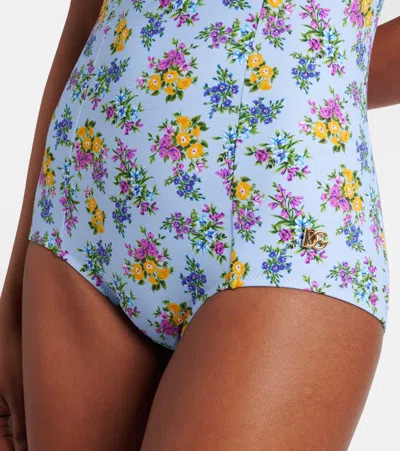 Dolce & Gabbana Small Floral-print Balconette One-piece Swimsuit In Blue