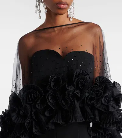 Jenny Packham Ruffled Caped Gown In Black