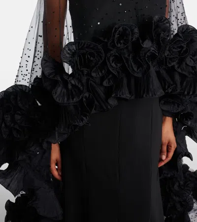 Jenny Packham Ruffled Caped Gown In Black