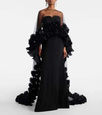 Jenny Packham Ruffled Caped Gown In Black