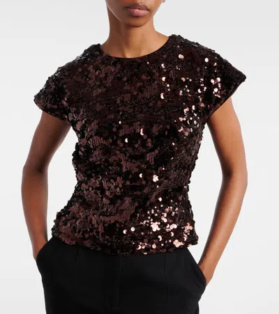 Ganni Womens Demitasse Bow-embroidered Sequin-embellished Velvet Top In Brown