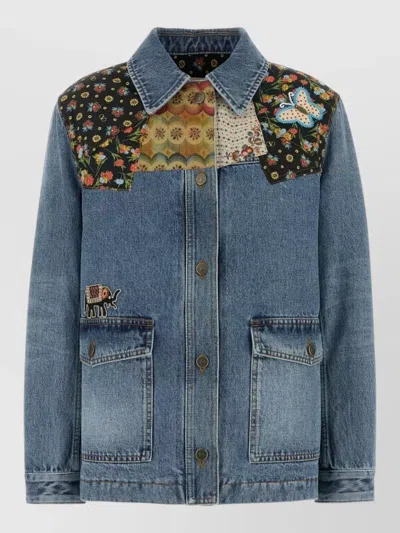 Valentino Denim Jacket Padded Collared Neck Patchwork In Blue