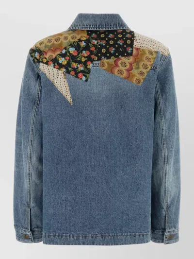Valentino Denim Jacket Padded Collared Neck Patchwork In Blue