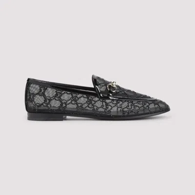 Gucci Almond Toe Mesh Loafers Embellished With Crystals In Black