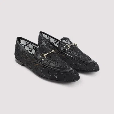 Gucci Almond Toe Mesh Loafers Embellished With Crystals In Black