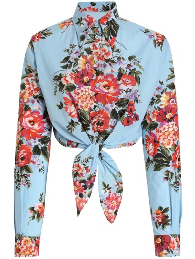 Dolce & Gabbana Floral Shirt Collared Neck Long Sleeves Tie Front In Blue