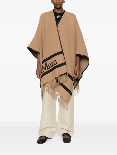 Max Mara Fringed Leather-trimmed Wool-jacquard Cape In Brown