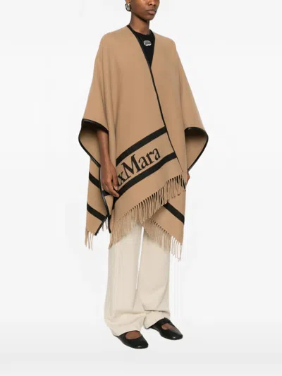 Max Mara Fringed Leather-trimmed Wool-jacquard Cape In Brown