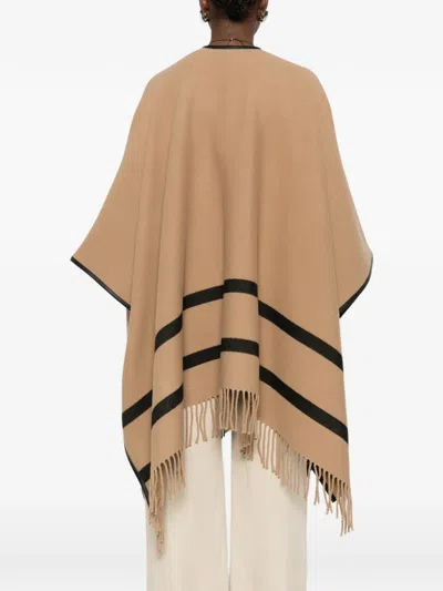 Max Mara Fringed Leather-trimmed Wool-jacquard Cape In Brown