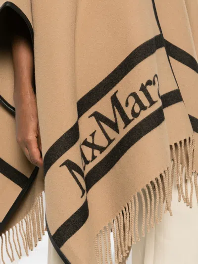 Max Mara Fringed Leather-trimmed Wool-jacquard Cape In Brown