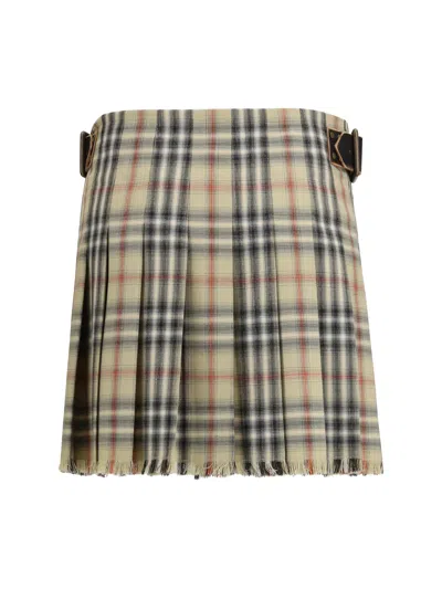Burberry Women Beige Skirt With Adjustable Belt And All-over Check Motif In Wool Woman In Multi