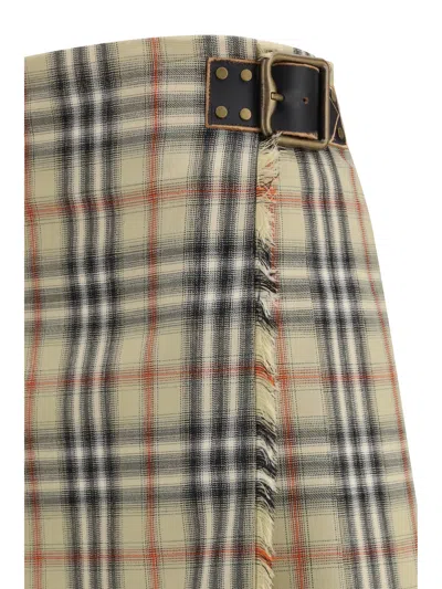 Burberry Women Beige Skirt With Adjustable Belt And All-over Check Motif In Wool Woman In Multi