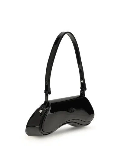 Diesel Curved Black Play Clutch With Glossy Finish And Magnetic Closure
