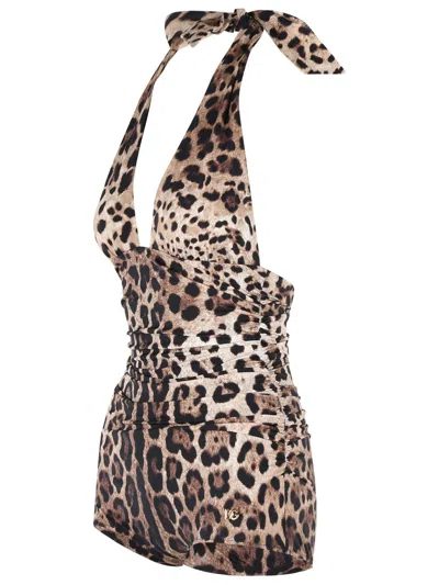Dolce & Gabbana Women Leopard Printed Sensitive Fabric One-piece Swimsuit In Brown