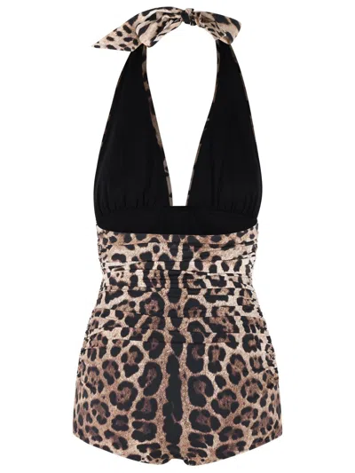 Dolce & Gabbana Women Leopard Printed Sensitive Fabric One-piece Swimsuit In Brown