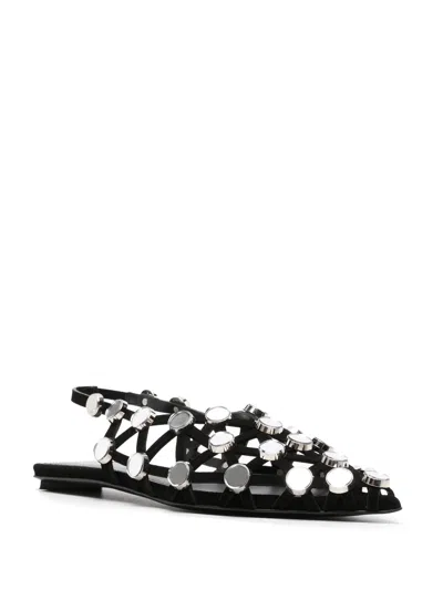 Attico Grid Embellished Suede Slingback Point-toe Flats In Black