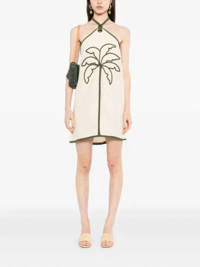 Farm Rio Sand Coconut Embroidery Halter Neck Euroflax Premium Linen Mini Dress In White