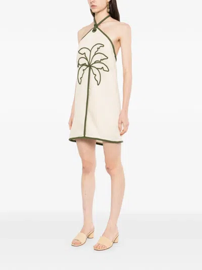 Farm Rio Sand Coconut Embroidery Halter Neck Euroflax Premium Linen Mini Dress In White