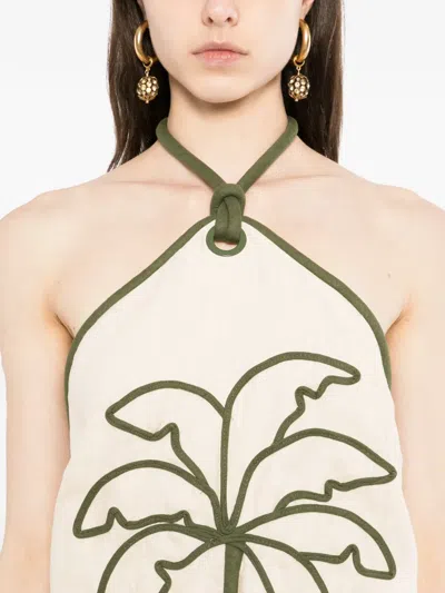 Farm Rio Sand Coconut Embroidery Halter Neck Euroflax Premium Linen Mini Dress In White