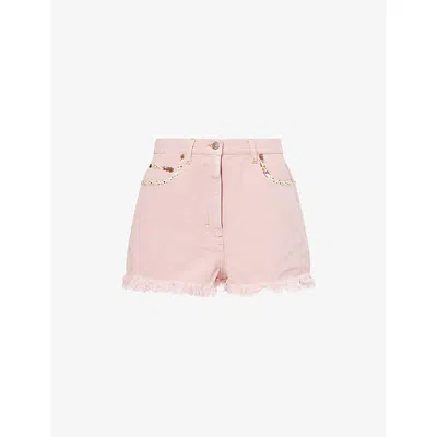 Valentino Knee Length Shorts Frayed Hem Floral Pockets Belt Loops In Pink